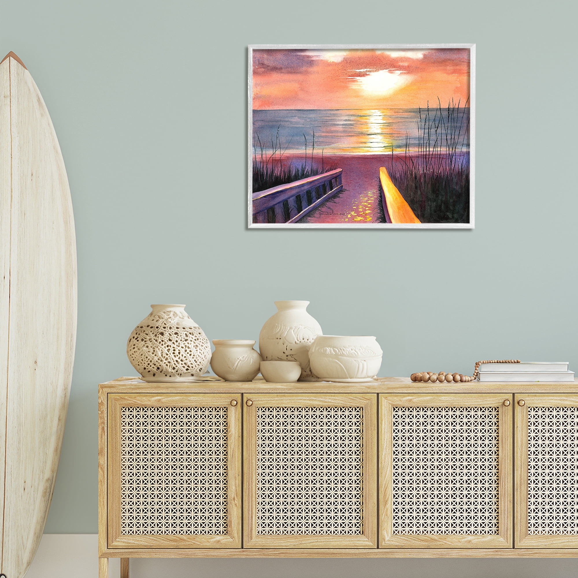 Stupell Industries Sea Sunset Reflection Landscape Painting White Framed Art Print Wall Art, 30 x 24