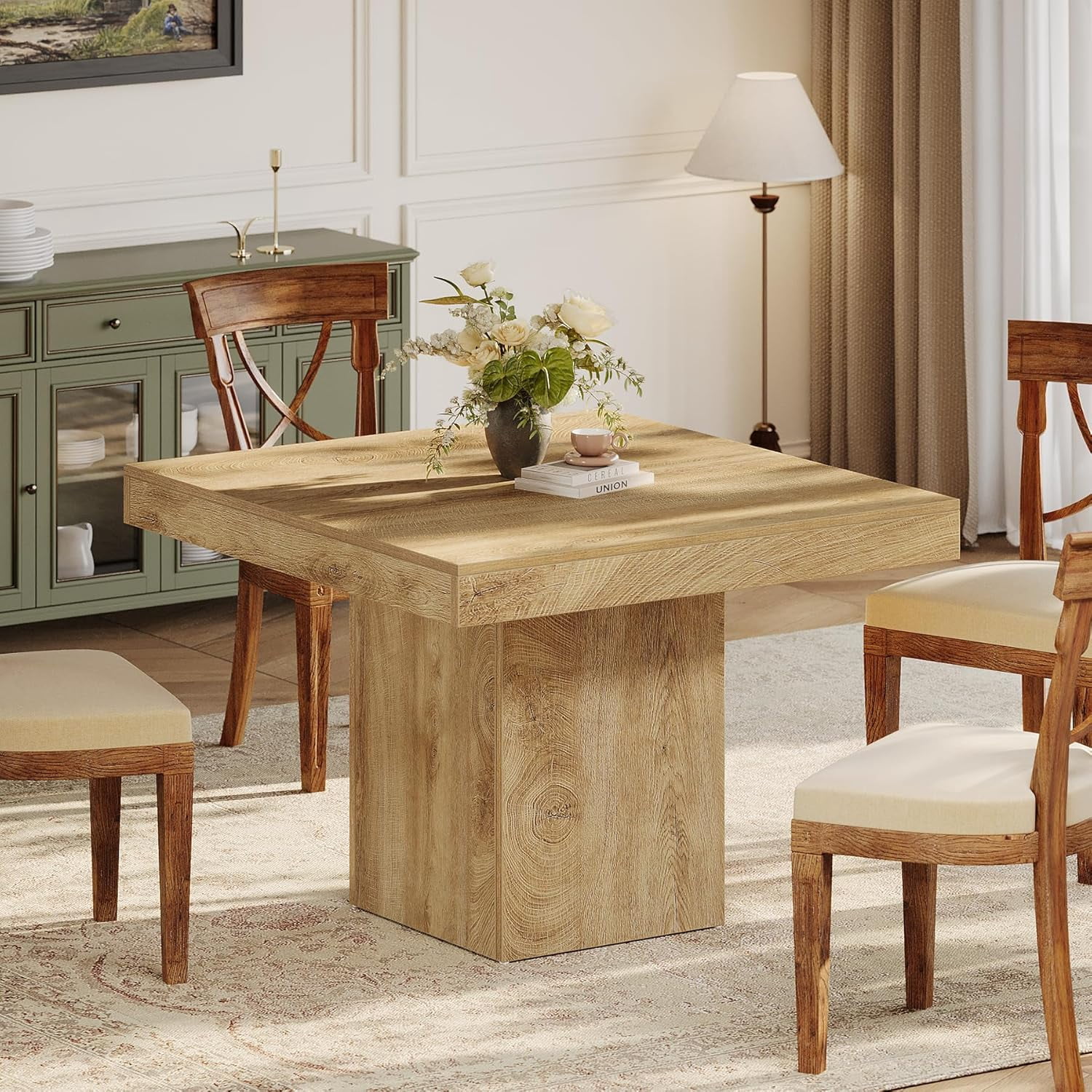 Tribesigns 39" Wood Small Kitchen Table, Farmhouse Square Dining Table for 4, Natural