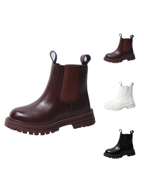 Girls PU Leather Boots Soft-Sole Low-Cut Outdoor Ankle Boots For Fall And Winter Beige Size 12 Little Kids
