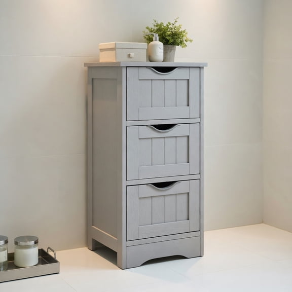 Resenkos Bathroom Floor Freestanding Storage Organizer with 3 Drawers-Gray, Bathroom Cabinets for Entryway Storage, Home Office Furniture