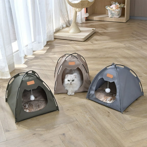 Semi-Enclosed Pet Tent House for Small Dogs Cats | Portable Lightweight Shelter | Removable Washable Lining | Indoor Outdoor Use | Rainproof | Gray Green Khaki | 1 Set | 15.7 x 15.7 x 1.2 in
