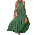 thumbnail image 3 of Women's Resort Style Ruffled Long Dress Round Neck Sleeveless Flowy Beach Dress with Pockets Green Calabash S, 3 of 9