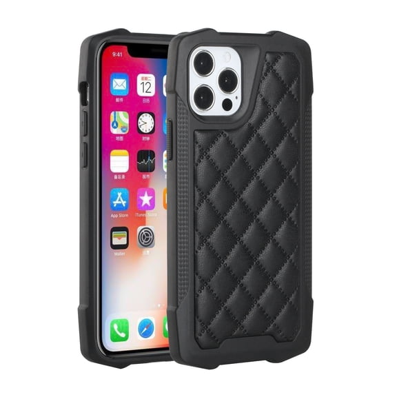 For Apple iPhone 13 Pro (6.1") PU Leather Design Lines Hybrid PC Hard Shockproof Armor Shell Bumper Soft Rubber Protection Cover ,Xpm Phone Case [Diamond Black]