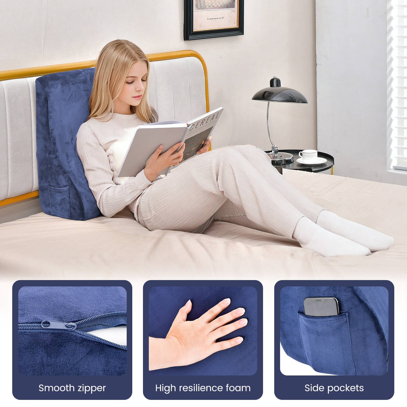 Costway Bed Wedge Pillow with Smooth Zipper Side Pockets Support for Back Navy
