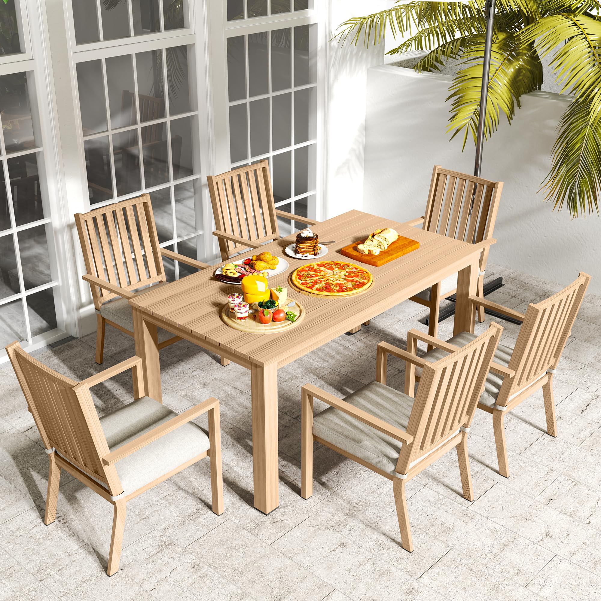 May in Color Patio Dining Chair Set of 2, Aluminum Outdoor Dining Chairs with Waterproof Cushions, Metal Outdoor Patio Furniture Seating for Porch, Balcony, Deck, Backyard, Light Wood Color