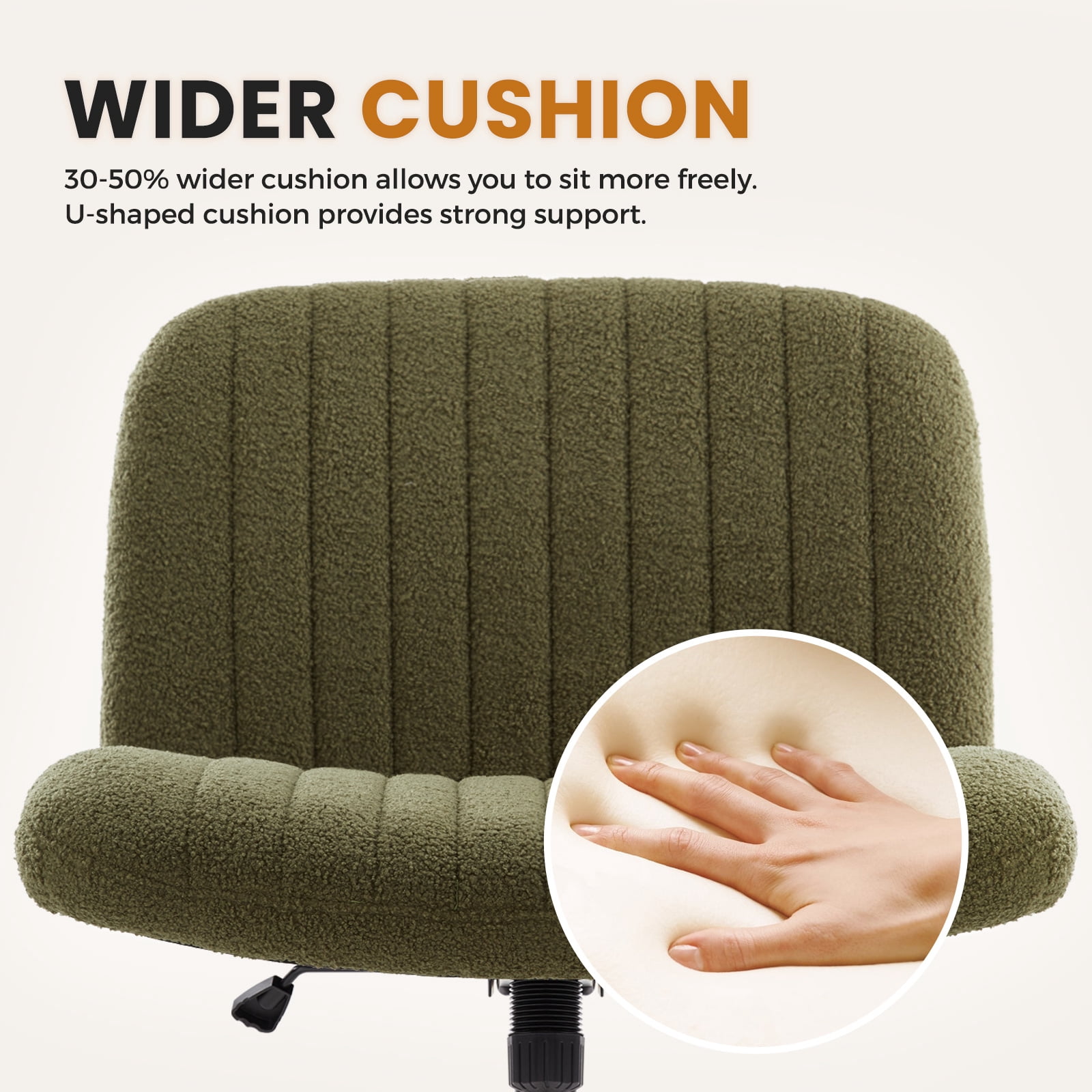 Soft Fabric Armless Wide Seat Office Chair,Criss Cross Legged Desk Chair with Wheels,Height Adjustable Computer Task Chair,Wide Seat Swivel Vanity Chair for Home,Office,Bedroom, Make Up