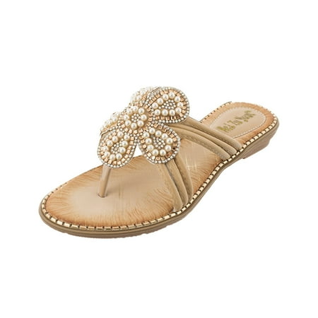 

WANYNG Sandals Wedge Shoes Pearl Women s Fashion Sole Toe Rhinestone Round Soft Fowers Women s Sandals Women s Fluff Yeah Slide Sandals Floral Sandals for Women Heels