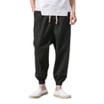 thumbnail image 3 of Migroa Men Linen Drop Crotch Wide Leg Baggy Harem Pants Summer Elastic Waist Jogger Yoga Trousers Chino Joggers for Men Twill Stretch Casual Pants with Pockets Black L, 3 of 3