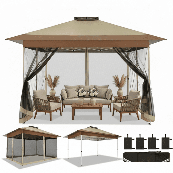 COBIZI 13x13 Pop up Gazebo, Outdoor pop up Canopy Tent, Patio Shelter Tents with Portable Carry Bag, Patio Gazebos for Camping, Garden, Deck, Backyard, Khaki