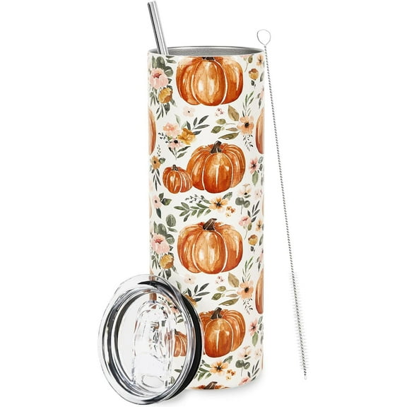 Fall Tumbler with Lid and Straw Watercolor Pumpkin Flower Stainless Steel Cup Autumn Tumbler Cup Travel Coffee Mug for Fall Thanksgiving Decor Gift Supplies