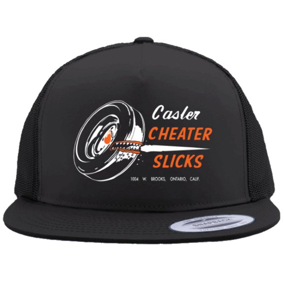CASLER CHEATER SLICKS Flat Bill Truckers Hat Hot Rods Drag Racing
