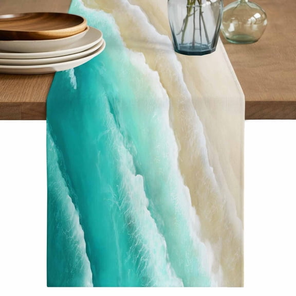 Turquoise Ombre Oceans Table Runner, Watercolor Summer Coastal Beach Waves Washable Cotton Linen Table Runners 90 Inches Long, Dresser Scarf Runner for Dining/Coffee/Kitchen/Hallway Tables 13''x90''