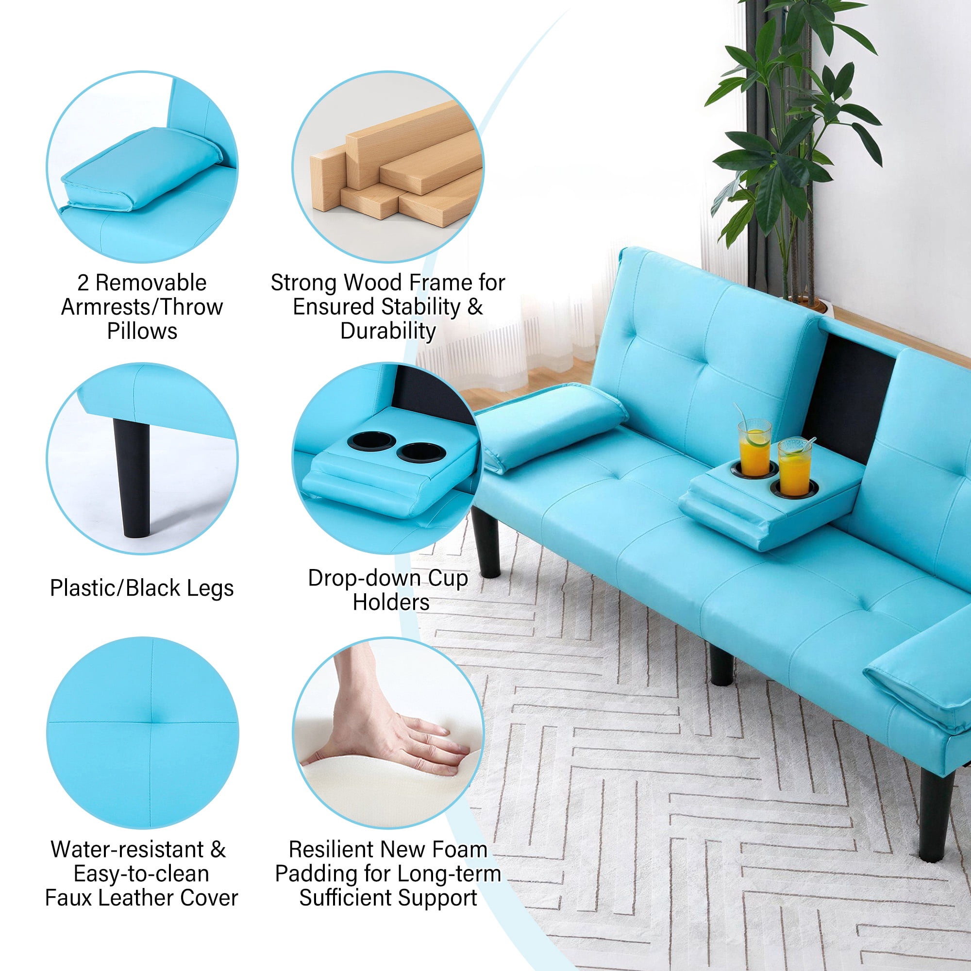 CARZZI LIFE Futon Sofa Bed PU Leather Modern Convertible Futon Couch with Removable Armrests, Cup Holders, Loveseat Sleeper Sofa Bed for Living Room, Apartment, Small Spaces (Blue)
