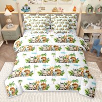 Homewish Cute Zoo Animal 7-Piece Twin Bedding Sets,Green Monstera Leaf Coconut Tree Bedding Comforter Set,White Green Brown Sheet Sets For Girsl Boys,Super Cozy Room Decor Reversible