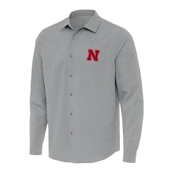 Men's Antigua Gray Nebraska Huskers Exposure Woven Long Sleeve Button-Up Shirt