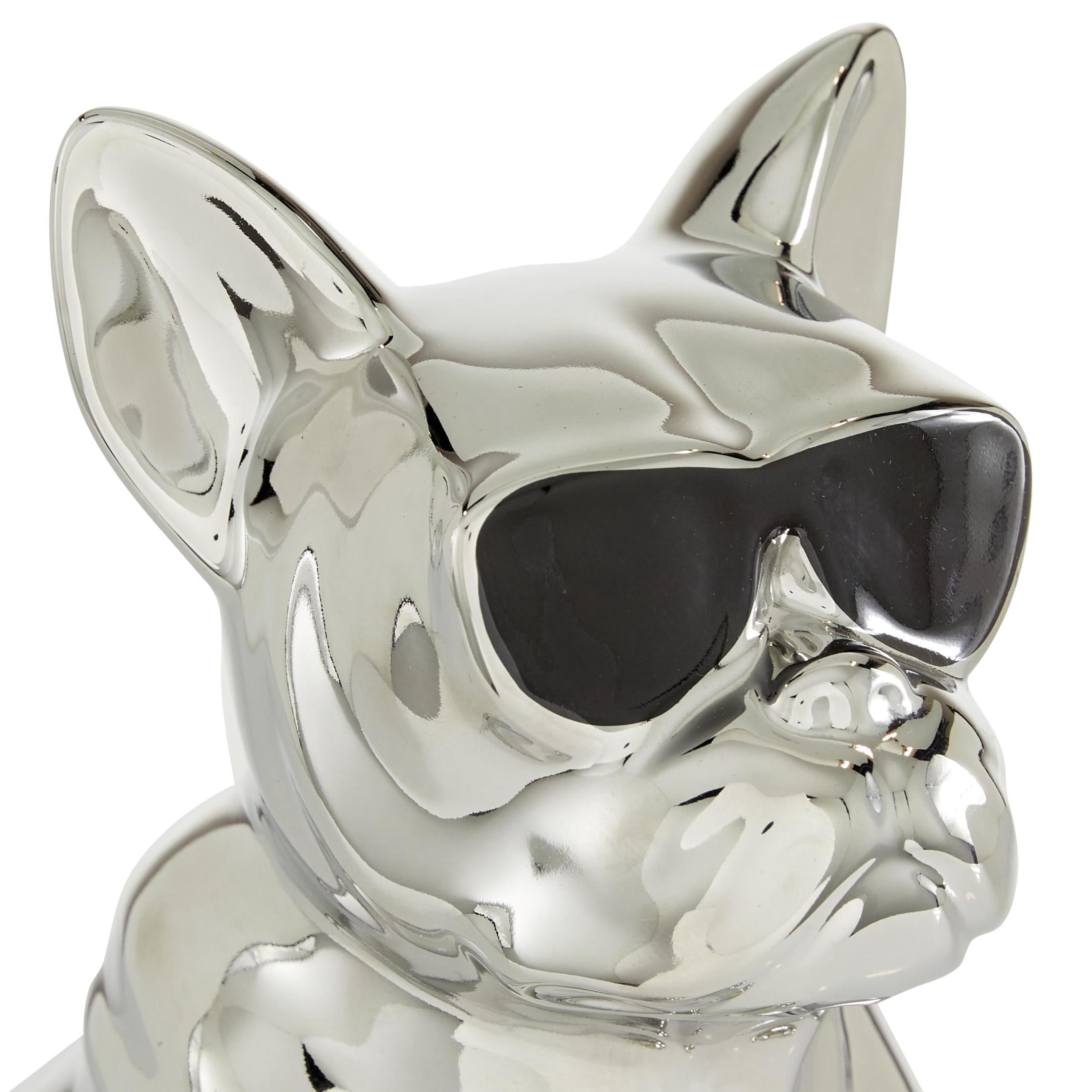 6" x 12" Silver Ceramic Bulldog Sculpture with Sunglasses, by CosmoLiving by Cosmopolitan