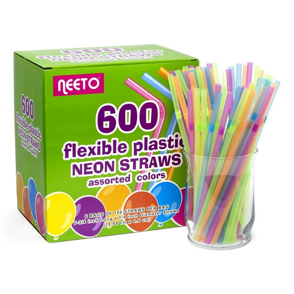 Neeto Flexible Plastic Neon Straws, Assorted Colors, Pack Of 600 Straws