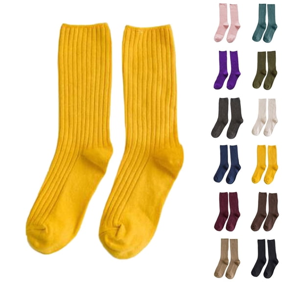 Bmisegm Crew Socks for Women Double Knit Soft Casual Mid Calf Breathable Non Stretchable Stackable Solid Color Womens Socks Yellow