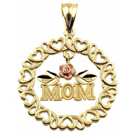US GOLD Handcrafted 10kt Gold Two-Tone MOM with Hearts and Flower Circular Charm Pendant