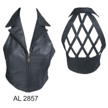 Ladies Girl Fashion Small Size Halter top with braid zipper front & Collar Lambskin Leather