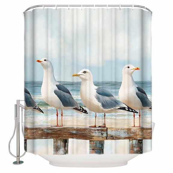 Coastal Seagull Bathroom Shower Curtains with 12 Hooks Polyester Waterproof Shower Curtain for Stalls and Bathtubs Summer Beach Ocean Bird Watercolor Decorative Bathroom Privacy Curtain 72x96 Inches