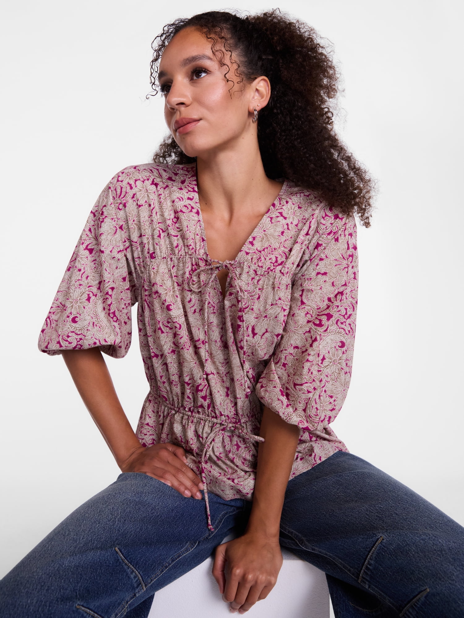 Scenario Women's Front Tie Peplum Top with 3/4-Length Sleeves, Size XS-XXXL
