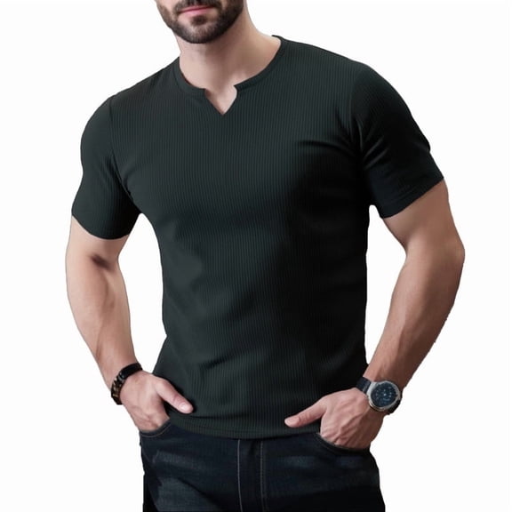 Ambiloof Men's slim fit muscle skinny V-neck casual t-shirt short sleeve muscle henley t-shirt fashionable business topsBlack/M