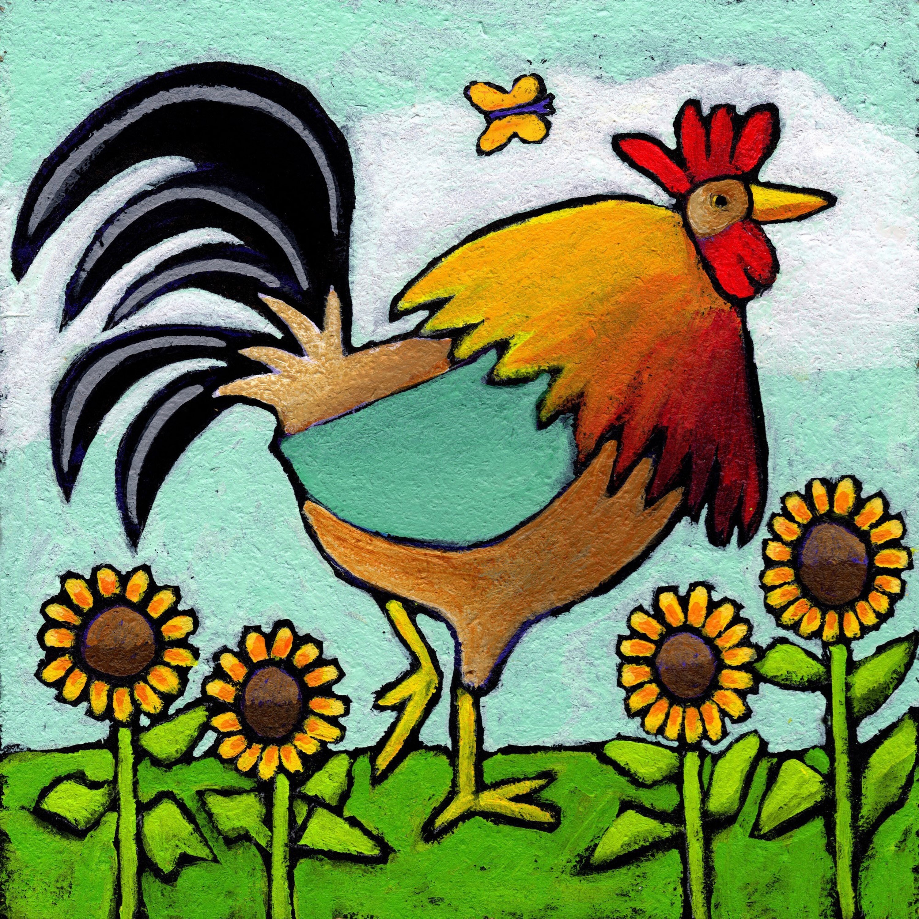 Marmont Hill - "Rooster with Sunflowers" by Janet Nelson Painting Print on Wrapped Canvas