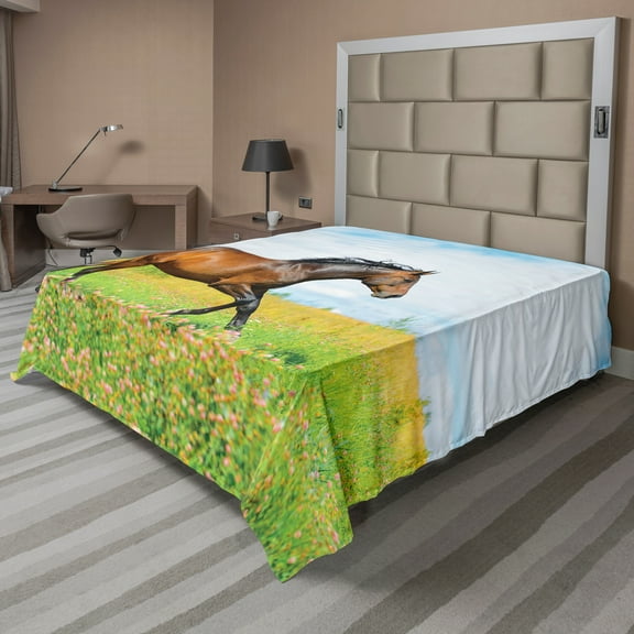 Ambesonne Animal Flat Sheet, Horse Rural Flowers, Queen Size, Green Brown Pale Blue