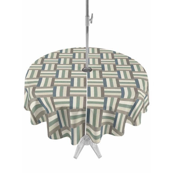 Outdoor Tablecloth with Umbrella Hole for Patio/Picnic/Party/Camping, Green Stripes Texture Waterproof Table Cloth Round Cover Washable, Retro Minimalist Geometric Lines Art (Dia 54")