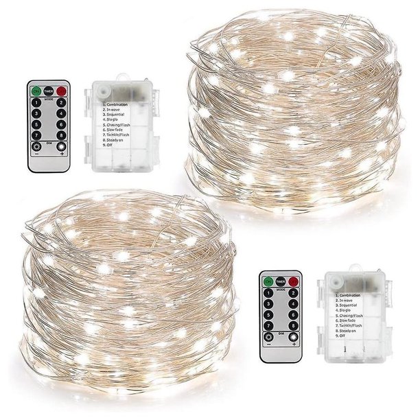 Paquete de 2 luces navideñas con batería y Control remoto, cadena de luces de 16 pies, 50leds para decoración de jardín y patio