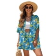 thumbnail image 3 of Xoenoiee Tropical Palm Tree Hibiscus Boat Print Women's Boho 2 Piece Outfits Beach Vacation Sets Short Sleeve Open Front Kimono Blouse and Shorts Set for Ladies, Size XL, 3 of 7