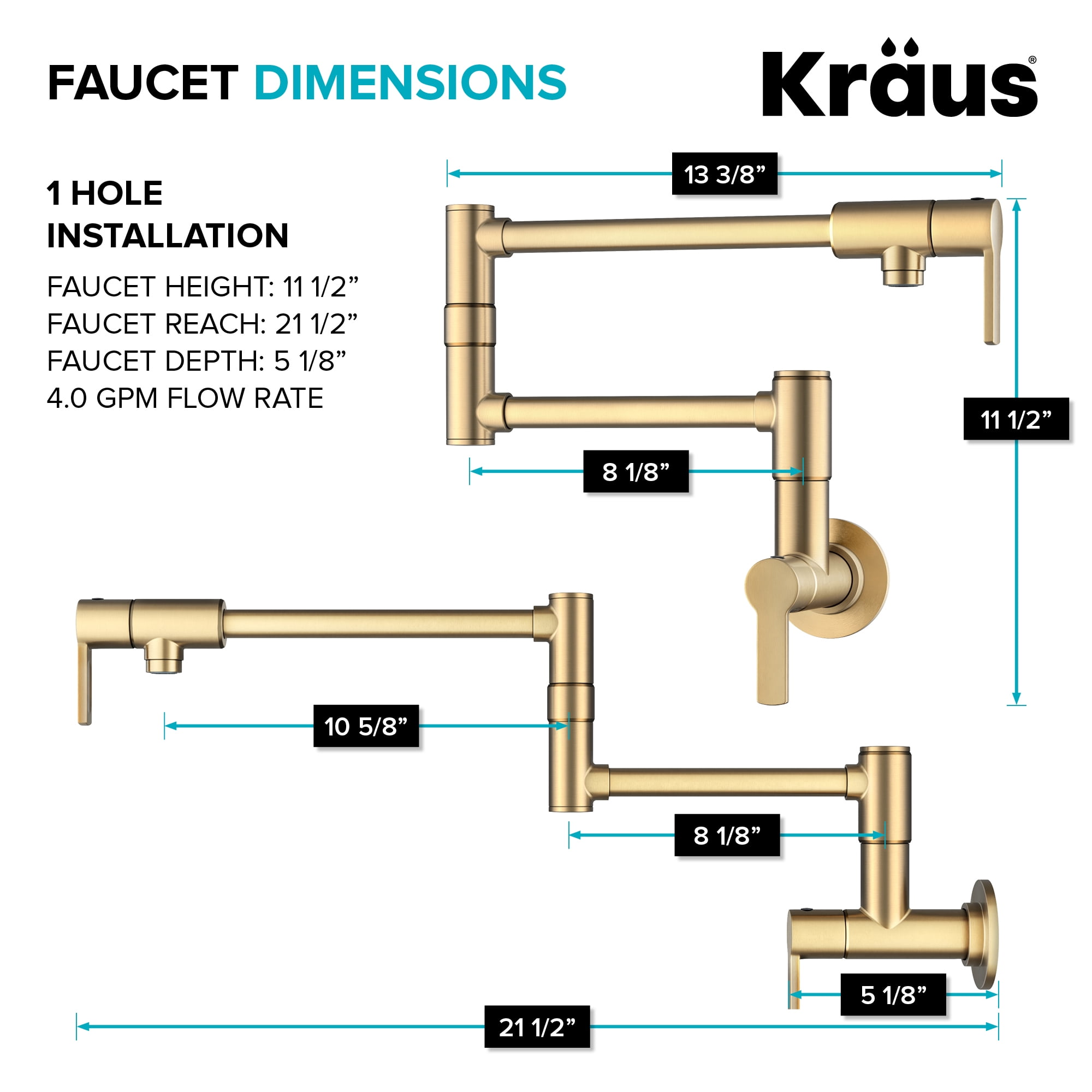 KRAUS® Oletto™ Wall Mount Pot Filler Kitchen Faucet with Retractable Arm in Spot-Free Brushed Brass