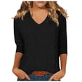 thumbnail image 1 of Camiseta básica de verano informal de color liso con cuello en V para mujer - Poliéster, manga 3/4, aberturas laterales - S-XXL, 1 of 5