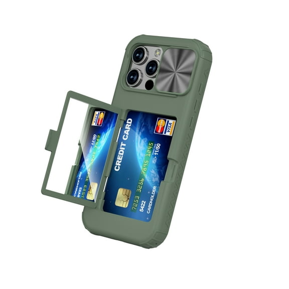 Allytechgroup iPhone 16 Pro Max Case with Sliding Camera Lens Protector, Shockproof Full Body Protective Anti-Slip Card Holder Wallet Phone Case for Apple iPhone 16 Pro Max, Green