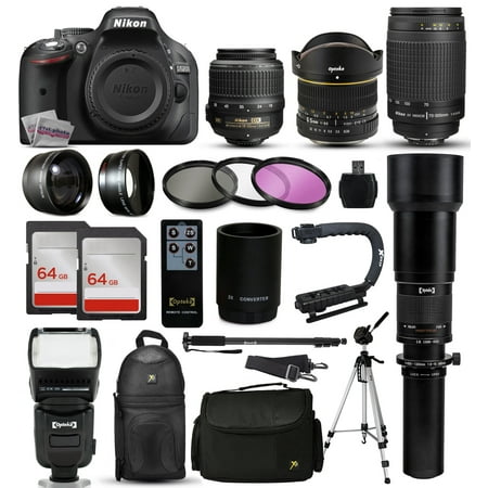 Nikon D5200 DSLR Digital Camera + 18-55mm VR + 6.5mm Fisheye + 55-300mm VR + 650-2600mm Lens + Filters + 128GB Memory + Action Stabilizer + i-TTL Autofocus Flash + Bac