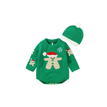 

Infant Baby 2PCS Christmas Outfits Long Sleeve Round Neck Knit Romper + Beanie Hat Set