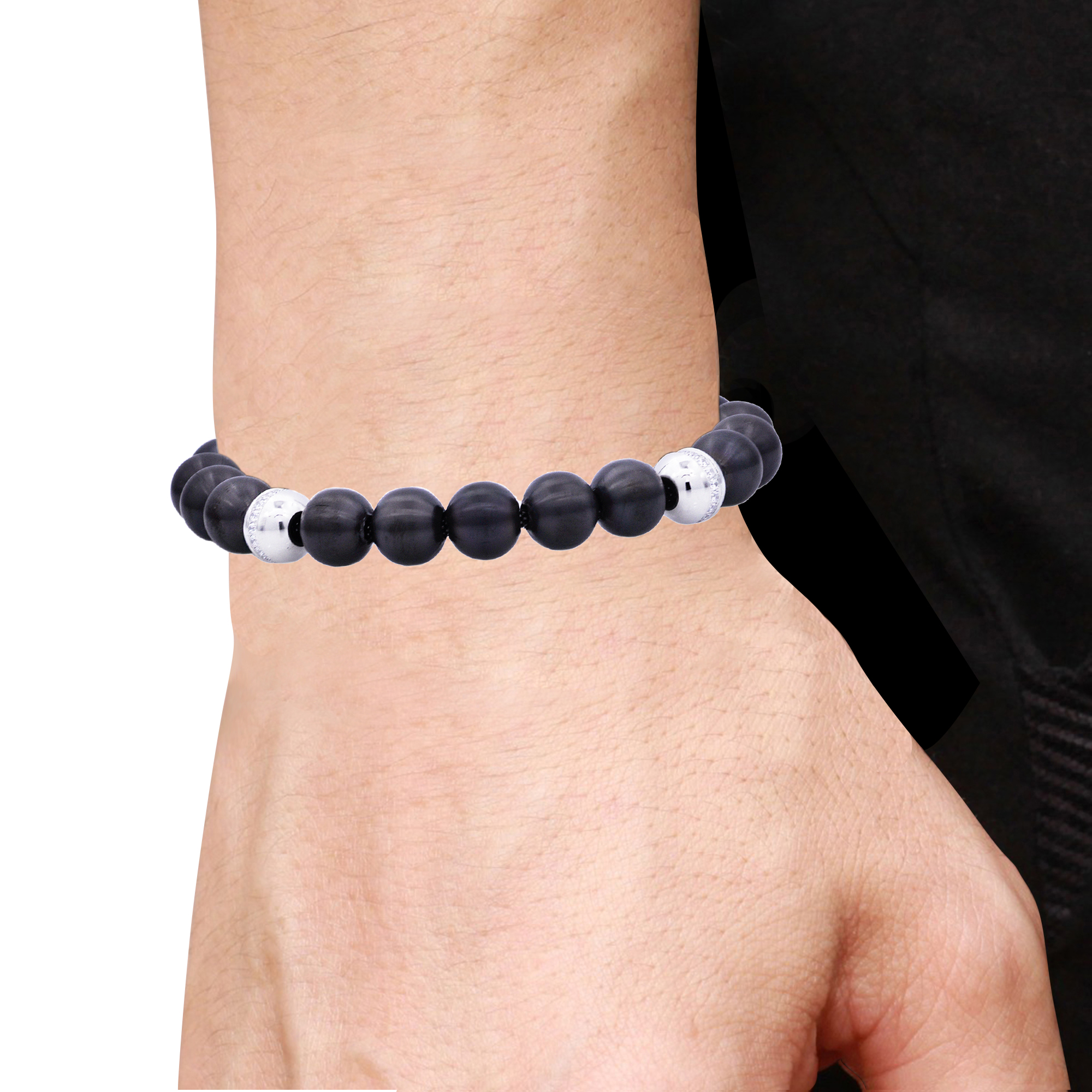 Arista Cubic Zirconia Diamonds Men's Beaded Bracelet in Black Plated Stainless Steel, 8.5"