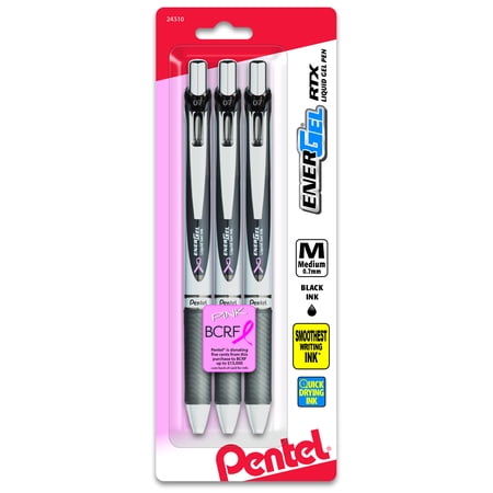 Pentel PINK BCA Ribbon EnerGel RTX, 0.7mm, Medium, Black Ink 3-Pk