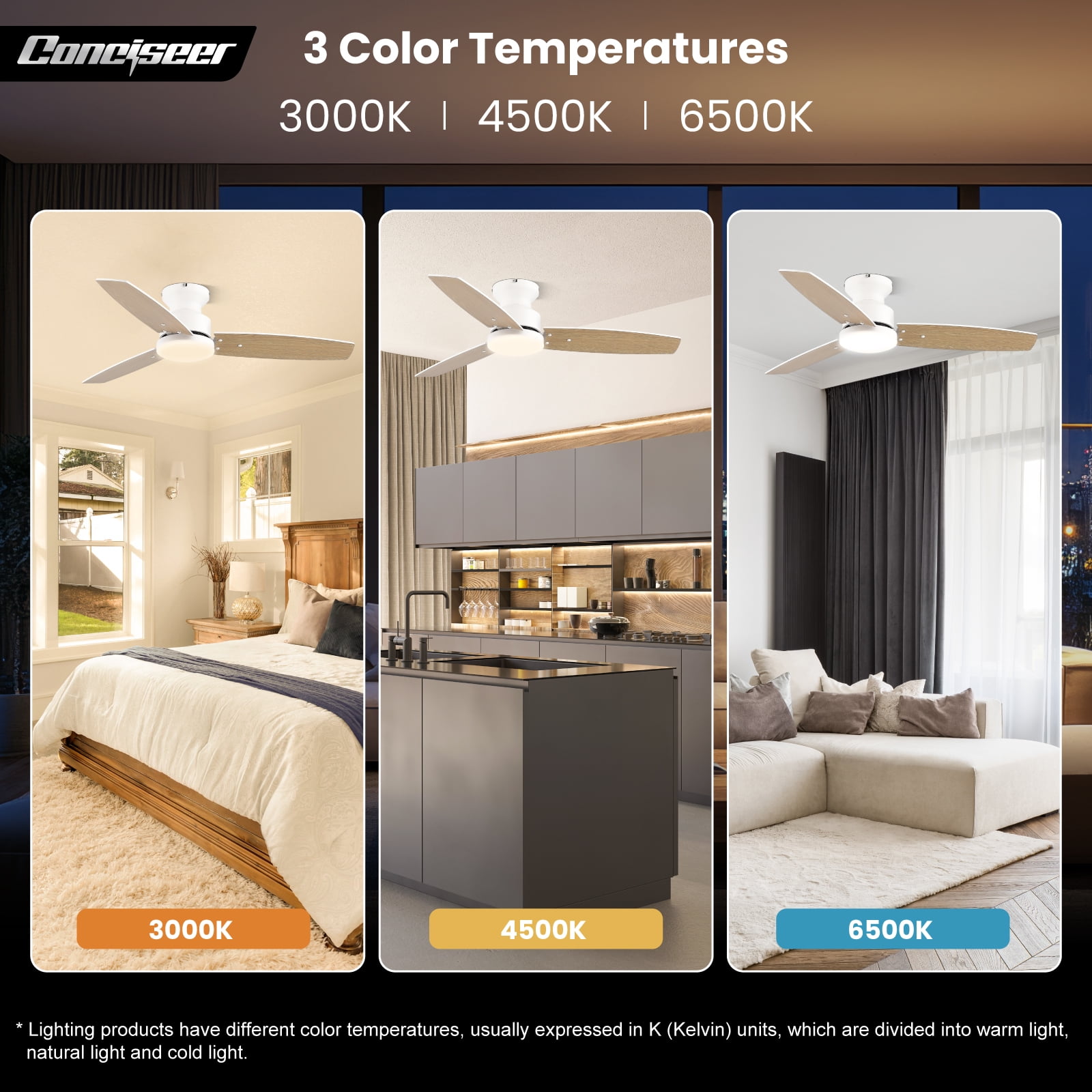 Conciseer 42 Inch Ceiling Fan with Light and Remote, Bedroom Living Room Office Outdoor, Flush Mount, 6CCT Dimmable, 3 Blades 6 Speed Reversible Quiet DC Motor, White/Wood Gr