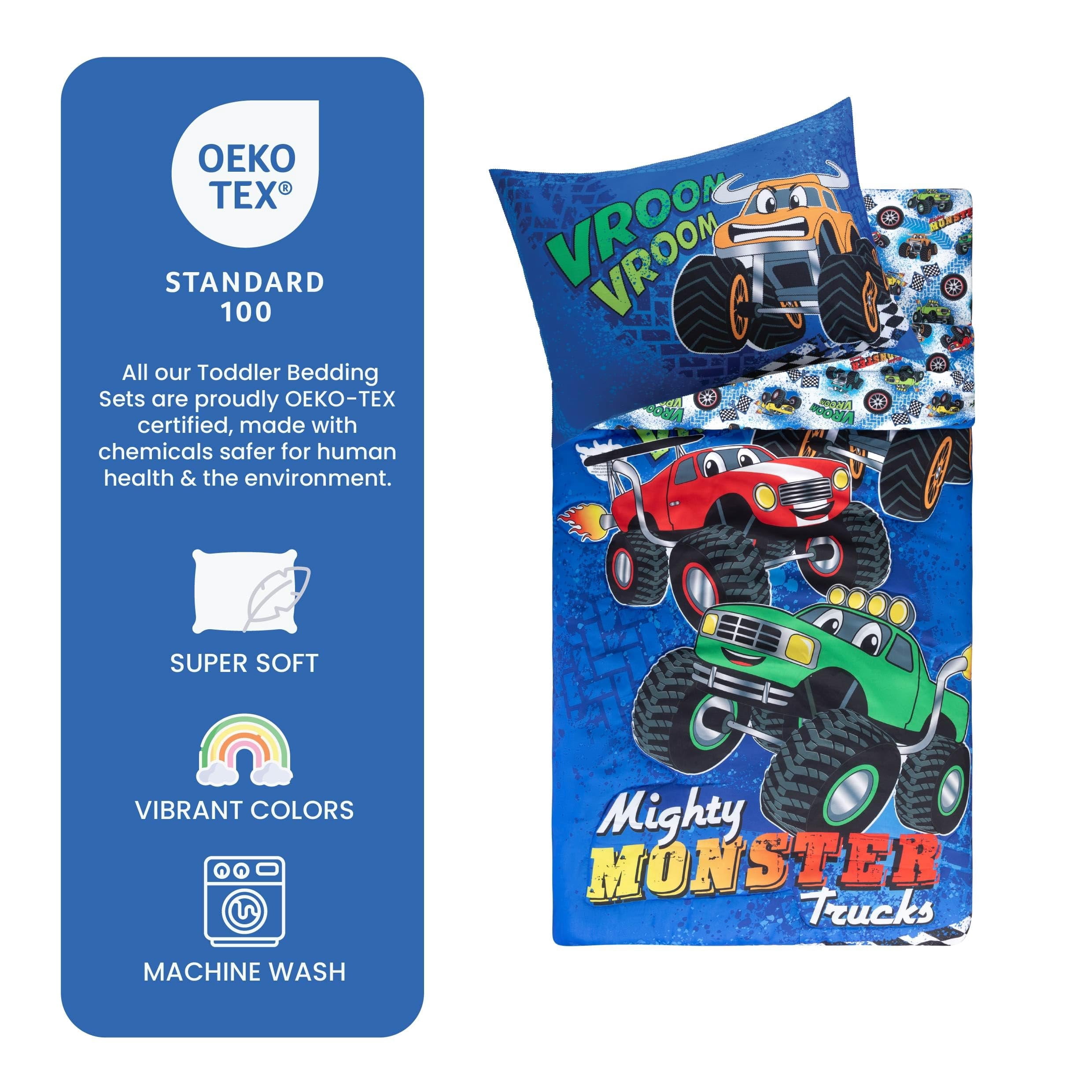 Todays Kids Monster Trucks Toddler Bedding Set for Boys - 4-Piece Toddler Bed Comforter Sets for Boys, Reversible Comforter & Pillowcase, Flat Sheet, Fitted Sheet, Breathable & Super Soft Microfiber