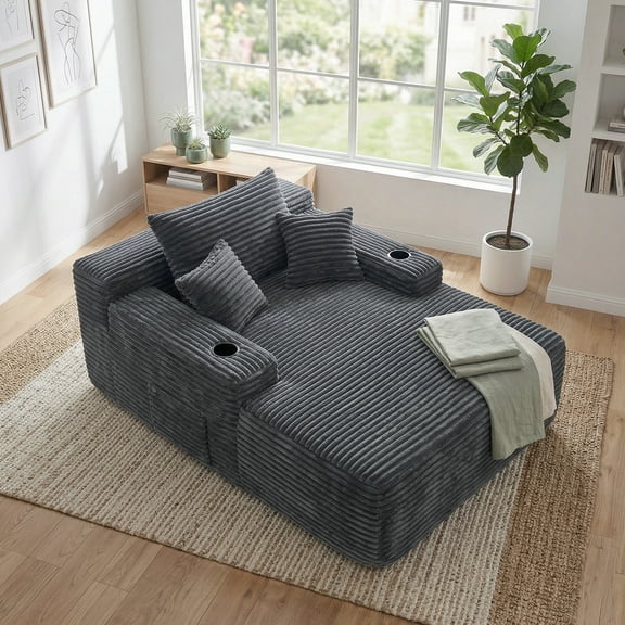 Muumblus Oversized Chaise Lounge Indoor, Upholstered Lounge Chair with Cup Holders, No Assembly Cloud Sleeper Sofa Bed, Gray Corduroy
