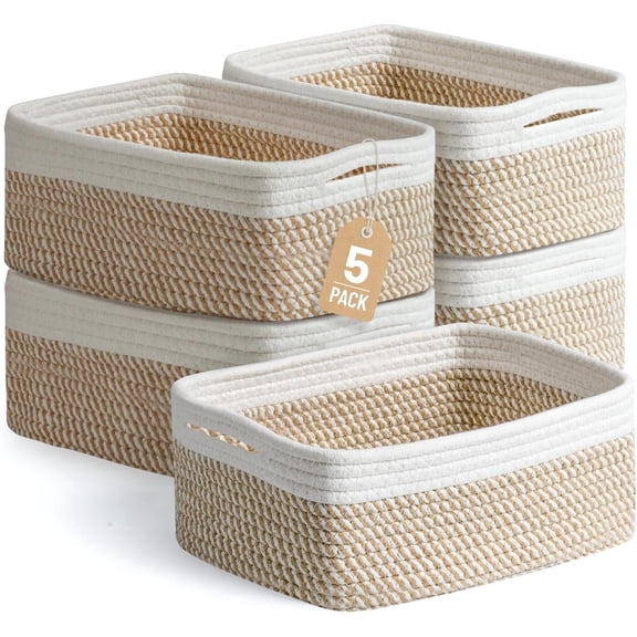 5 Pack Small Woven Storage Baskets, Wicker Storage Baskets for Shelves, Storage Bins for Organizing Bathroom, Khaki White