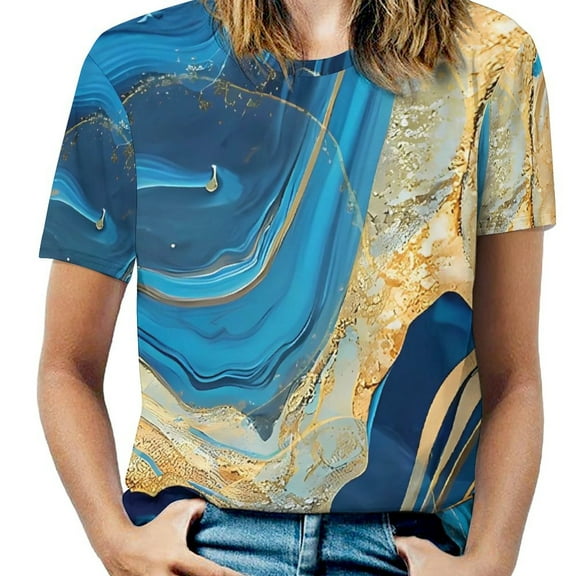 Ladies T-Shirt Blue And Gold Marble Print O Neck T Shirts Short Sleeve Vintage Design Tshirt Casual Top Tees Large Size