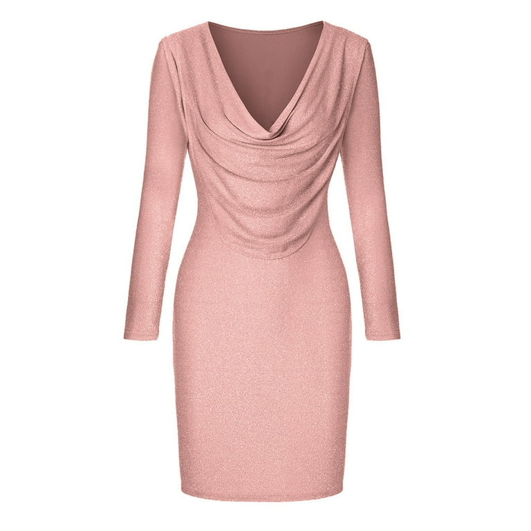 Savings Womens Dresses 2024 Sparkly Plunge Cowl Neck Long Sleeve Bodycon  Dress for Women Formal Business Mini Dress - Walmart.com