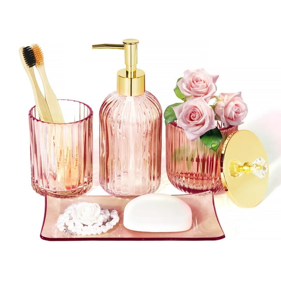 Set de accesorios de baño Kukikan Designer Pink Glass, 4 piezas