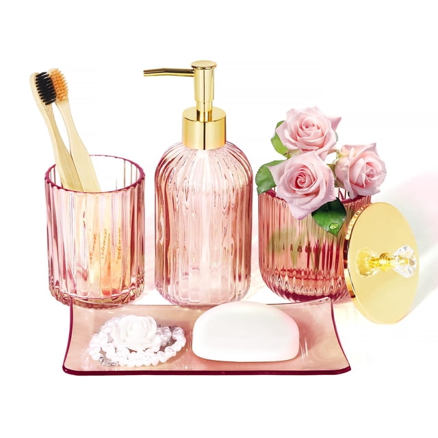 Set de accesorios de baño Kukikan Designer Pink Glass, 4 piezas