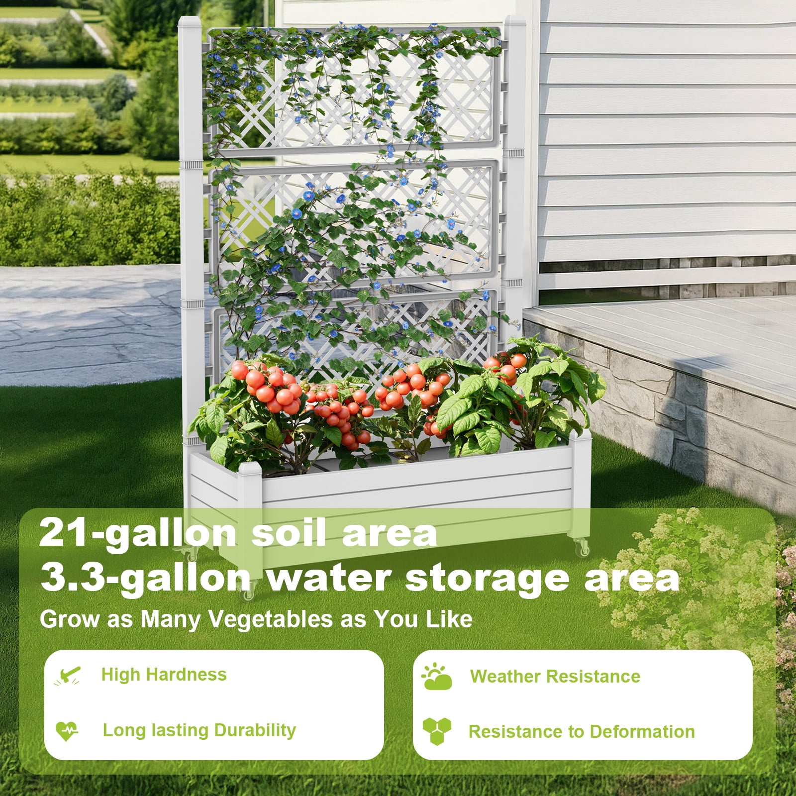 Joxxoaa Raised Garden Bed with Trellis, Large Outdoor Planter Trellis Box with Drainage Holes and Wheels for Climbing Plants.(Ashen）