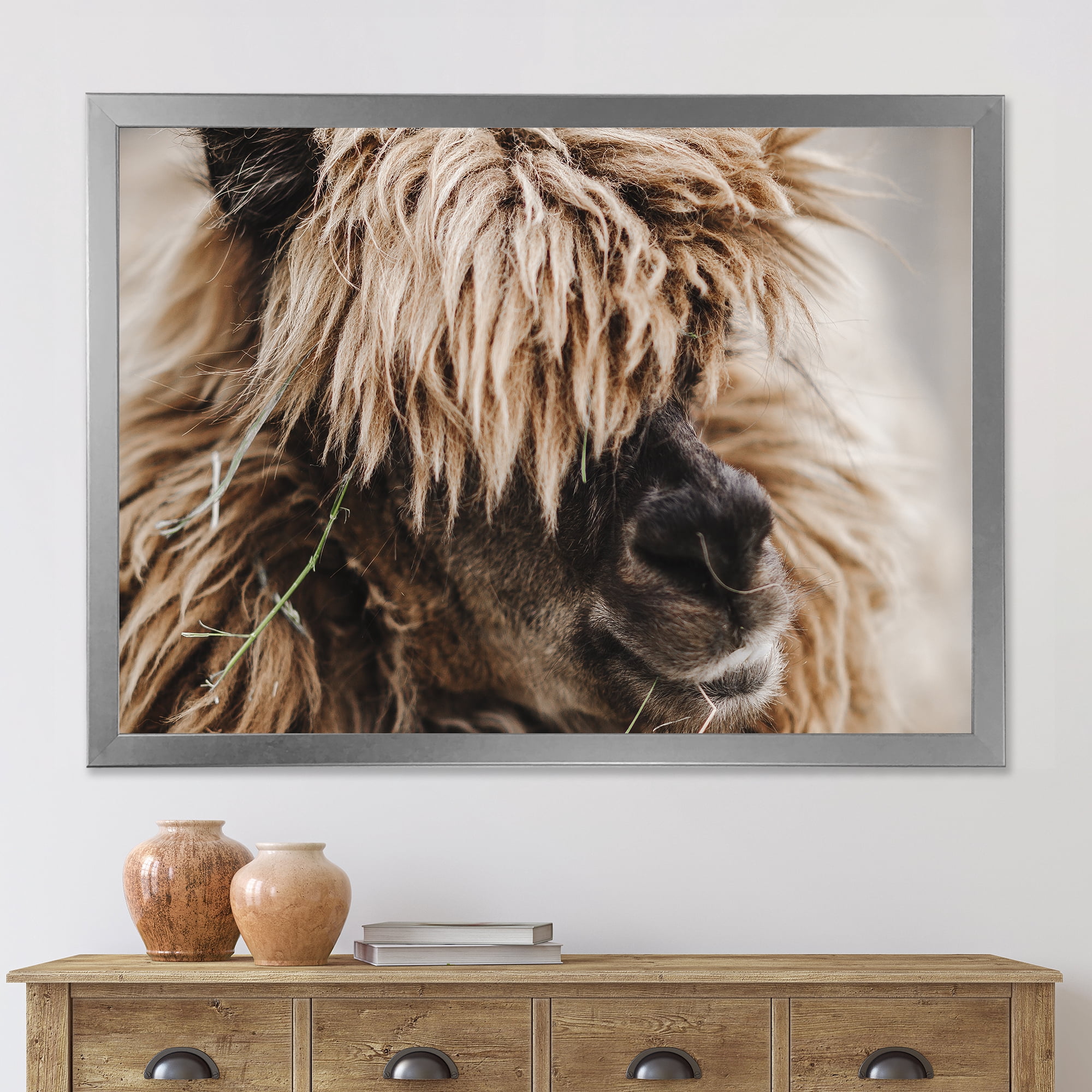 Designart 'Close Up Of Fluffy Curly Alpaca' Farmhouse Framed Art Print