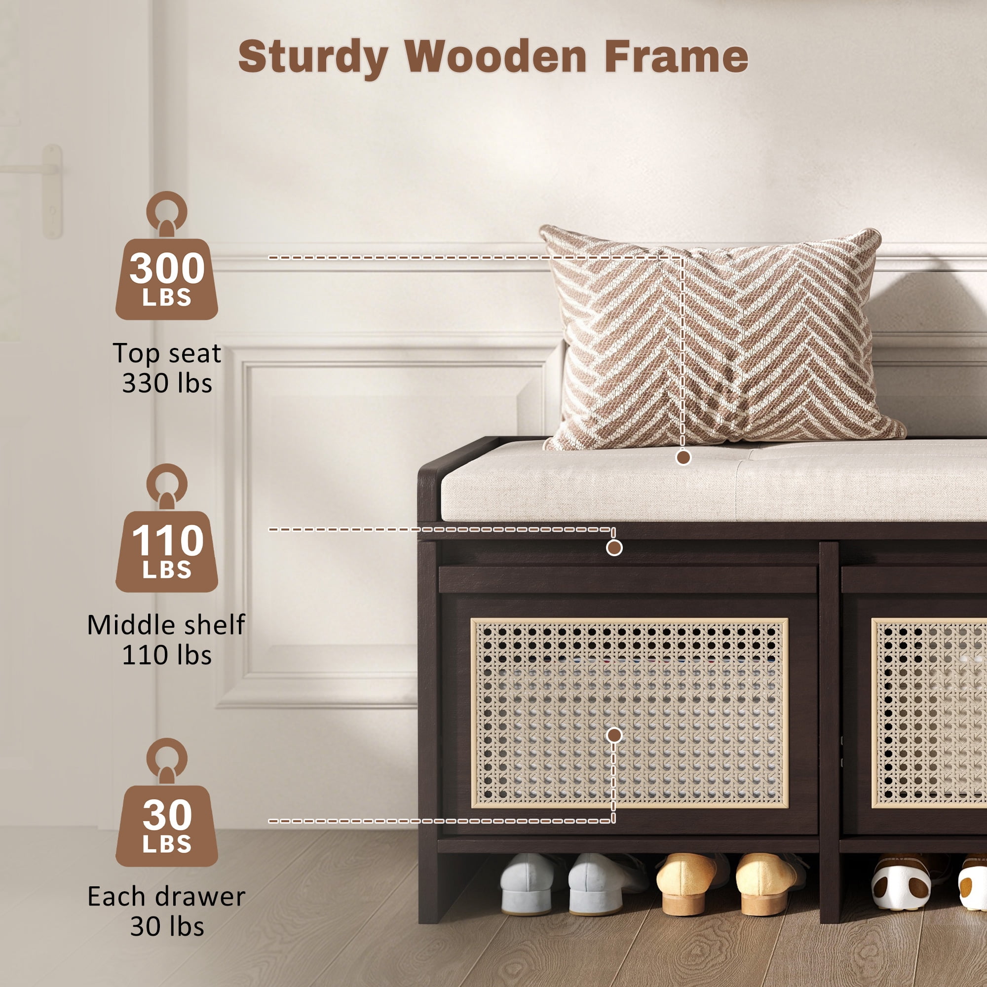 Shoe Bench 48 Inch Entryway Storage Bench with Rattan Drawers and Tufted Cushion, Hallway Seating and Shoe Rack Organizer for Living Room Foyer, Espresso